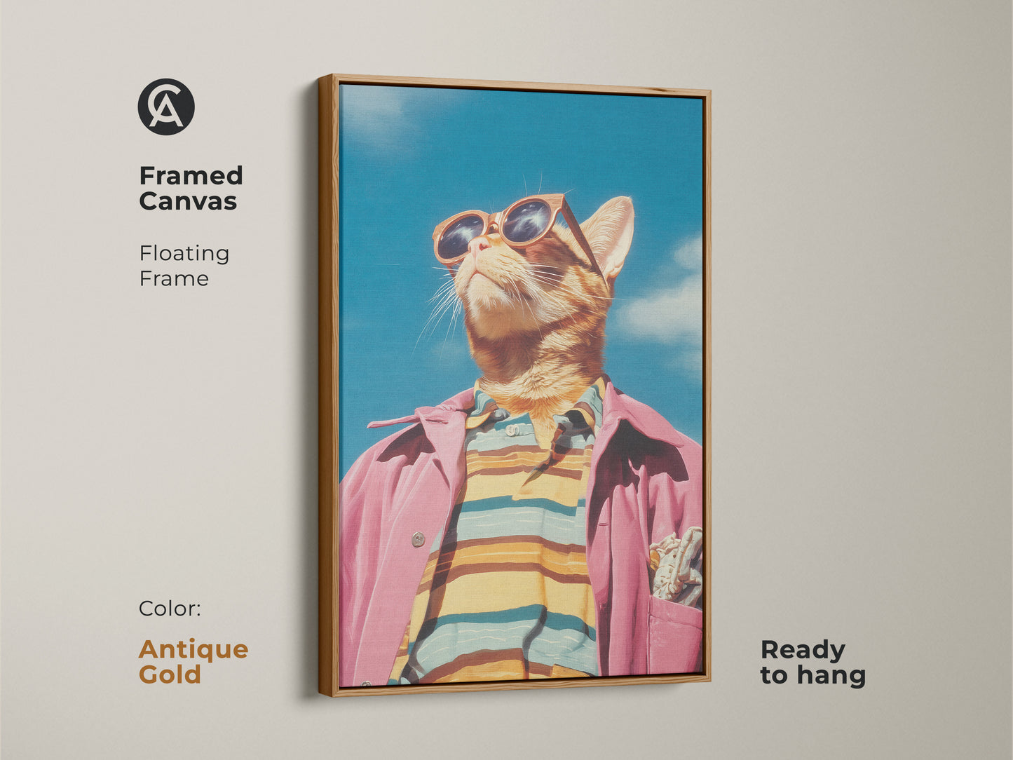 Framed canvas art of a cat in sunglasses and a pink jacket with an antique gold floating frame. Ready to hang this cat artwork adds sophistication. Brighten your walls with this unique animal art. This framed piece is perfect for cat enthusiasts.