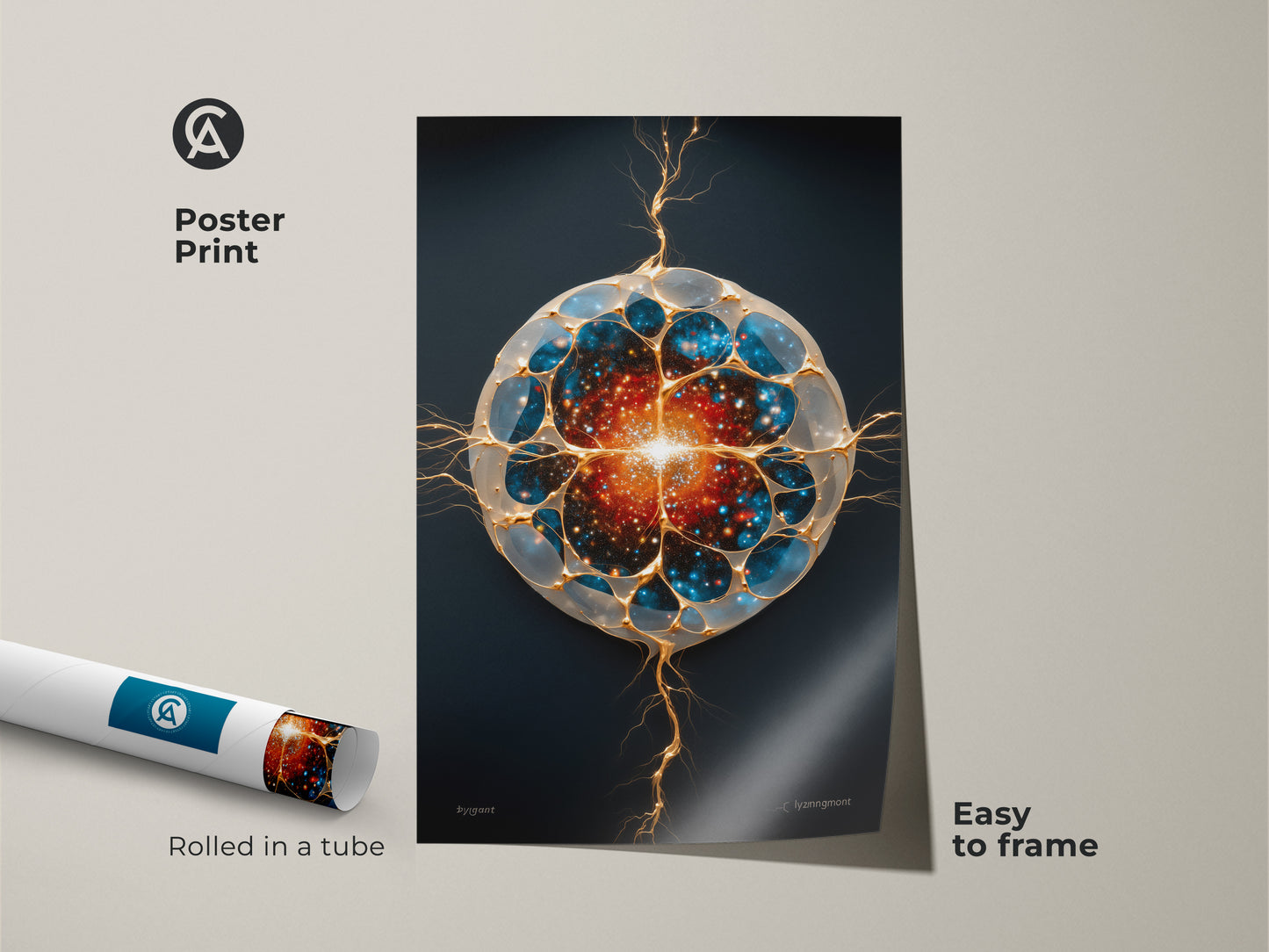 A rolled abstract cosmic art poster print is displayed next to a framed version. The generative galaxy artwork features blue gold and orange tones. It's easy to frame. Makes unique wall decor for sci-fi enthusiasts. Consider this contemporary print for your office or as a thoughtful science-inspired gift.