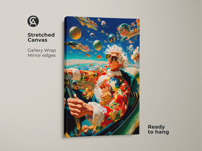 Stretched canvas art shows a person driving a car with planets in the sky. This gallery wrapped canvas has mirror edges. It is ready to hang. Purchase stretched canvas artwork today.