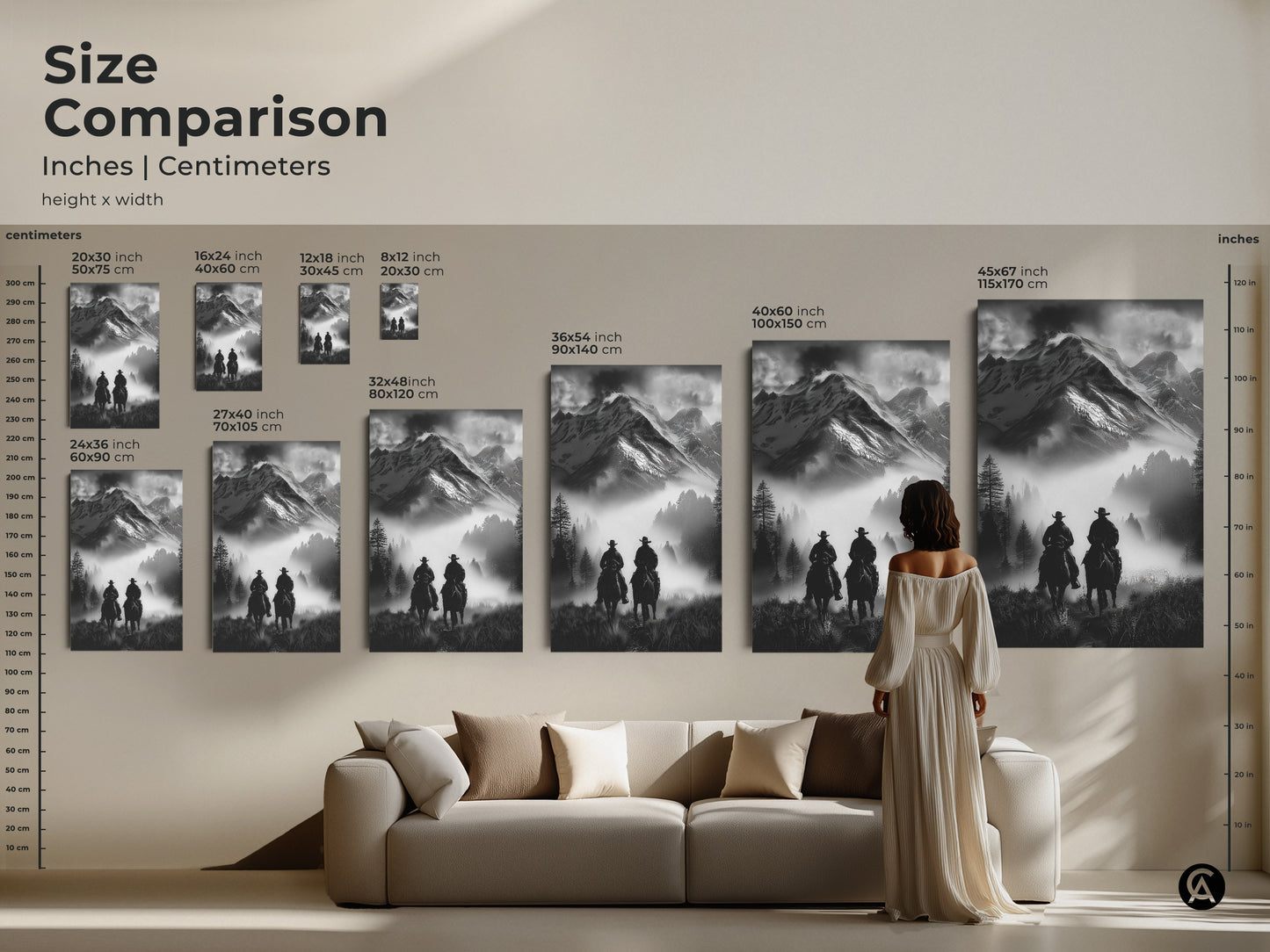 Size comparison of cowboy art prints. See inches and centimeters of various sizes. This monochrome art print features cowboys on horseback in a misty mountain landscape for rustic home decor.