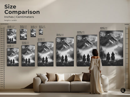 Size comparison of cowboy art prints. See inches and centimeters of various sizes. This monochrome art print features cowboys on horseback in a misty mountain landscape for rustic home decor.