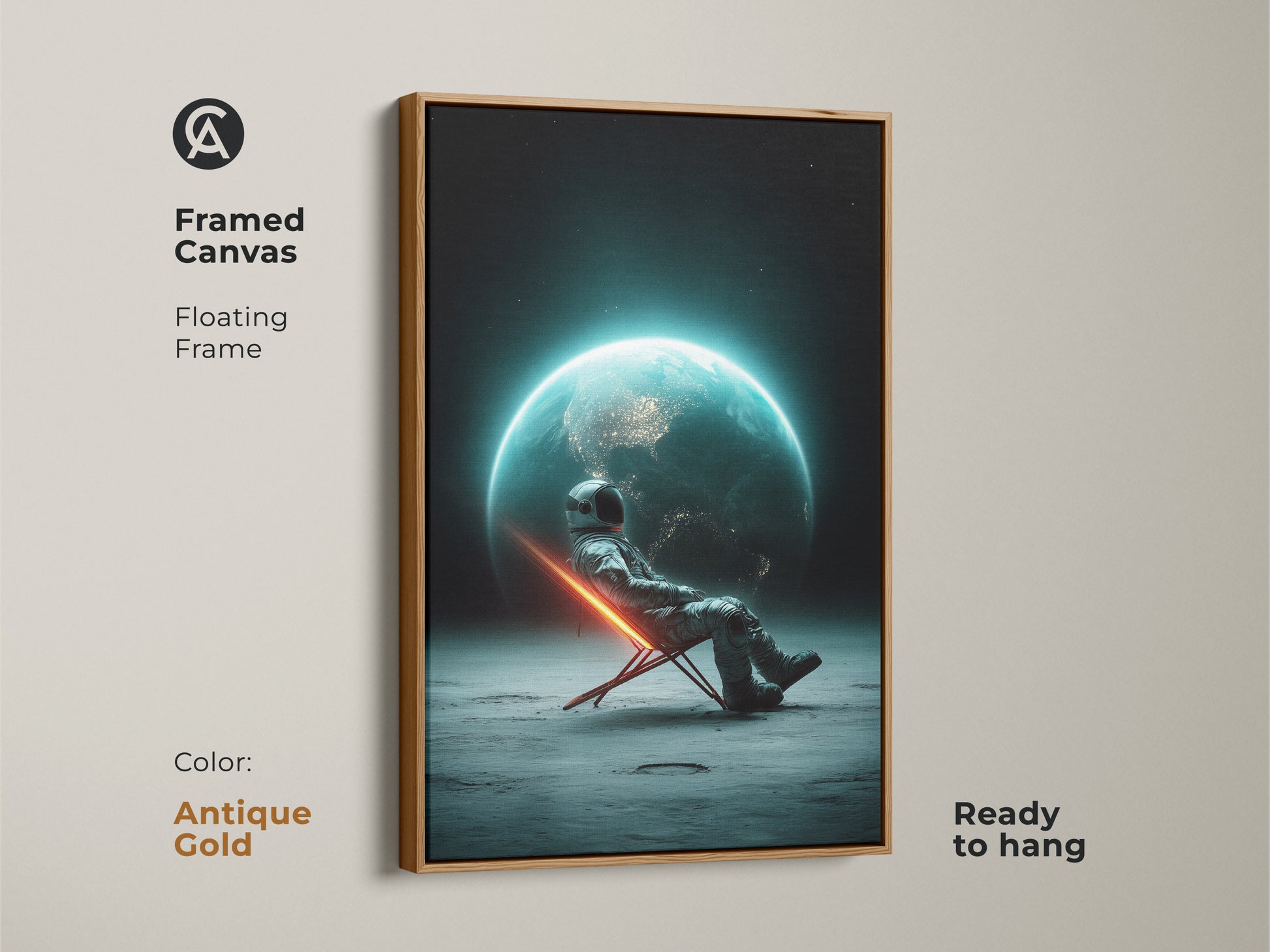 Antique gold framed canvas of an astronaut relaxing. A surreal sci-fi artwork with a futuristic space view. Earth is glowing in the background. This unique wall hanging is ready to hang. Perfect modern sci-fi artwork and office space decor.