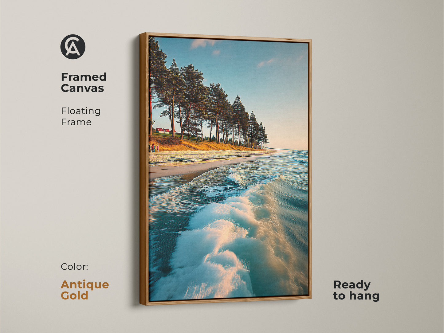 Framed Canvas art capturing a coastal landscape with pine trees and ocean waves. The antique gold floating frame enhances the sky blue coastal artwork. Ready to hang this piece brings coastal charm to residential spaces. An ideal housewarming gift.