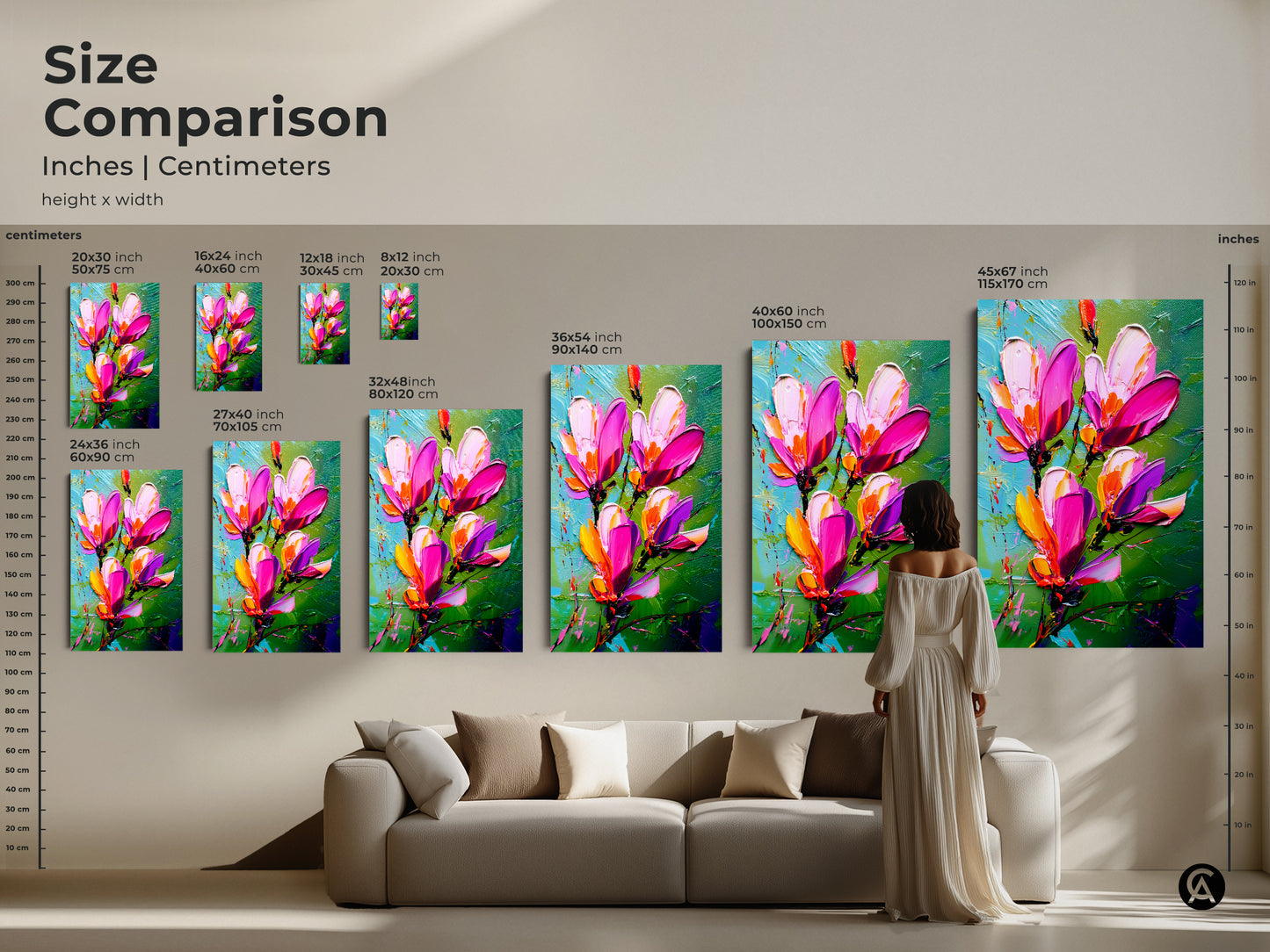 Size comparison showcases botanical artwork with pink and magenta flowers in various dimensions. See how different sizes of canvas and poster prints transform a living space. This textured floral art adds vibrant color and an eclectic touch to any interior.