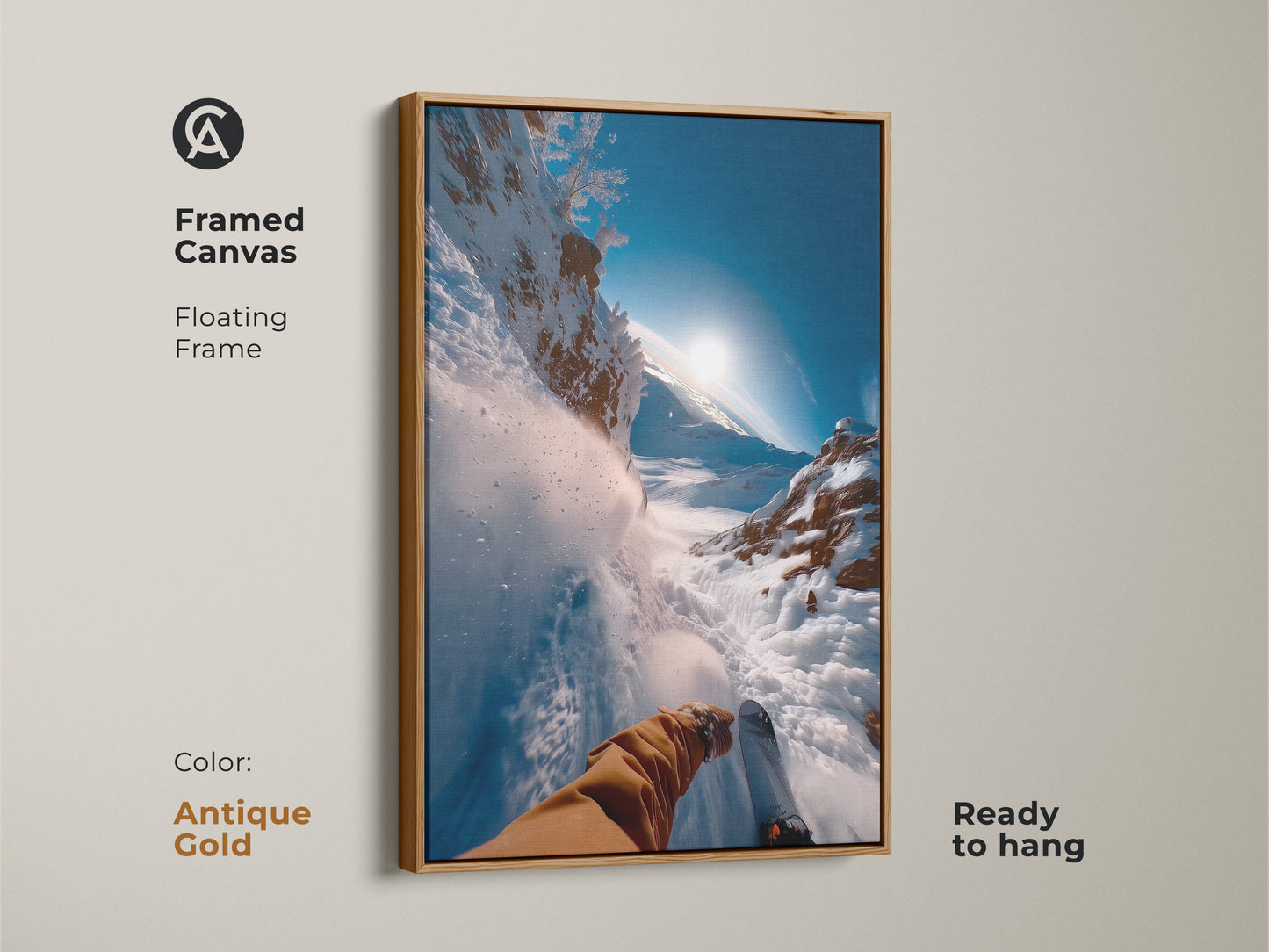 Framed canvas artwork with an antique gold floating frame. A dynamic view of skiing down a snowy mountain. The frame adds a touch of elegance to the adventurous scene. A unique piece to elevate your art collection.