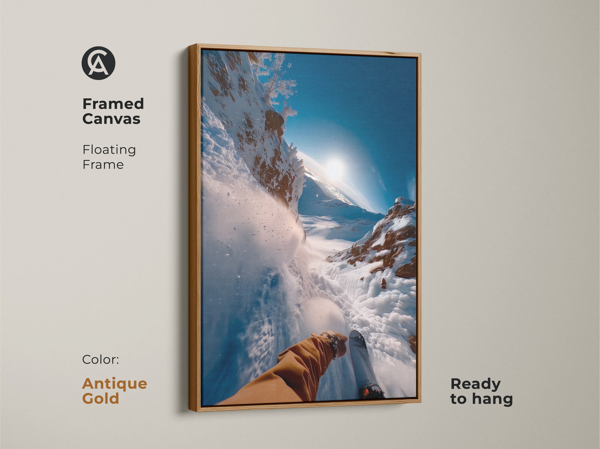 Framed canvas artwork with an antique gold floating frame. A dynamic view of skiing down a snowy mountain. The frame adds a touch of elegance to the adventurous scene. A unique piece to elevate your art collection.