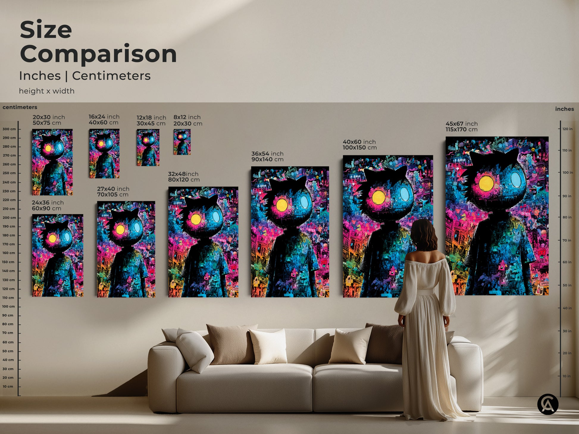 Size comparison of artwork showcasing a quirky character in various dimensions. Inches and centimeters are displayed. See how the art fits in a living room setting. Find the perfect size to complement your space. Enhance your home now.
