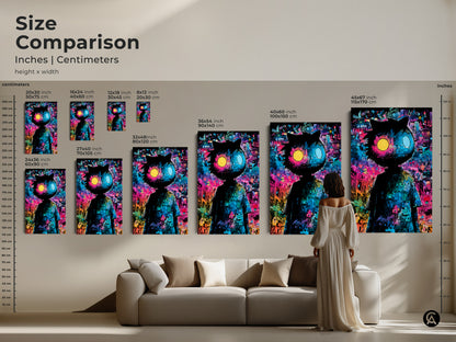 Size comparison of artwork showcasing a quirky character in various dimensions. Inches and centimeters are displayed. See how the art fits in a living room setting. Find the perfect size to complement your space. Enhance your home now.