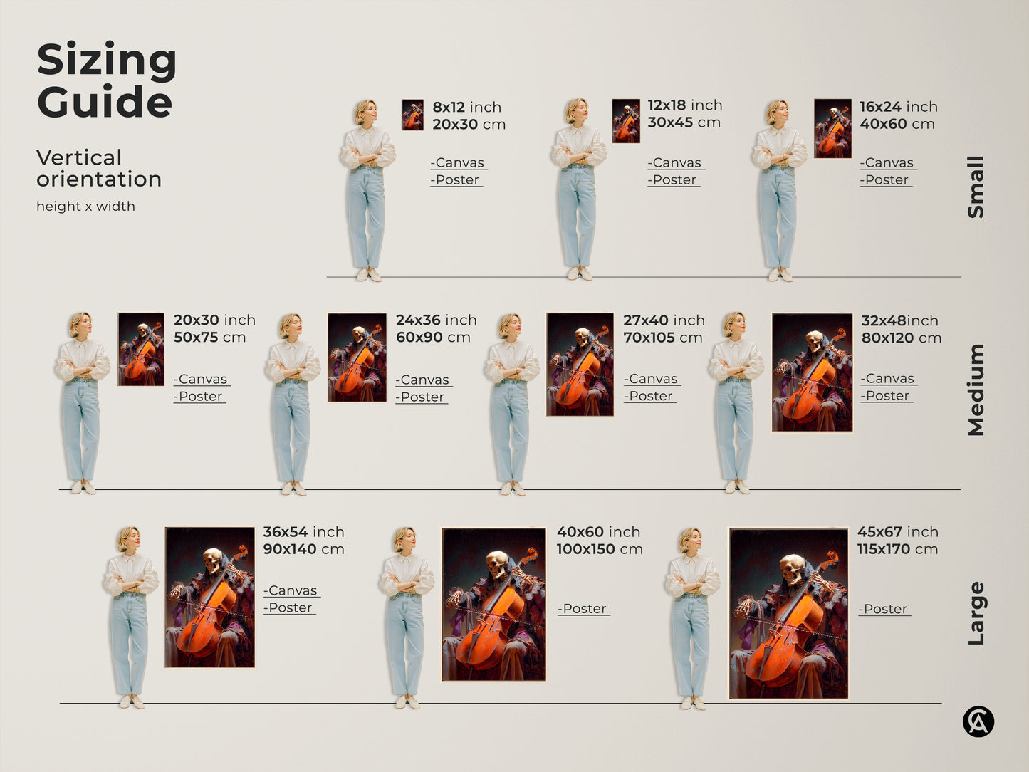 Sizing guide for vertical skeleton cello artwork. Available in canvas and poster prints. Artwork sizes range from small to large. Perfect dark academia decor.