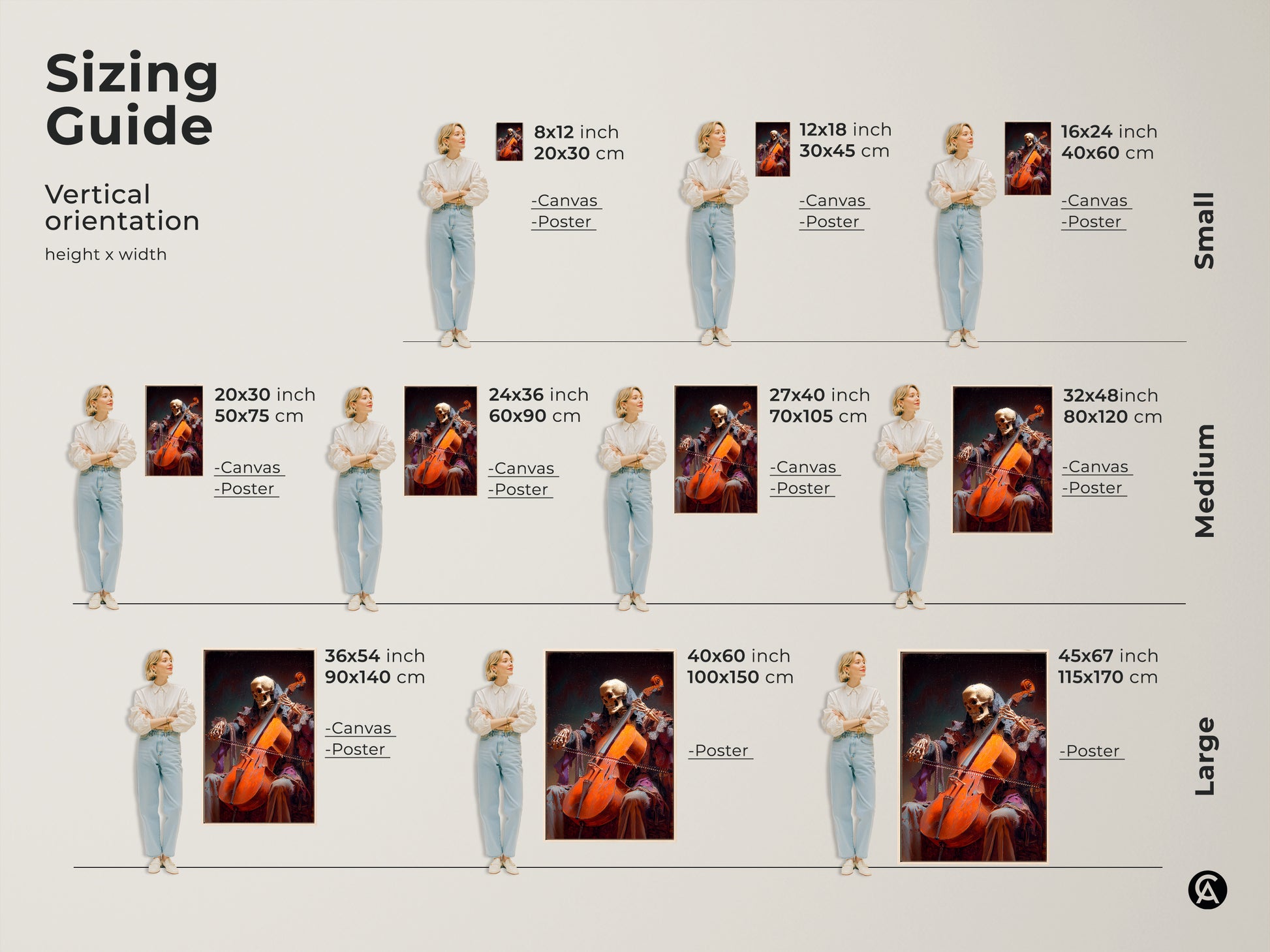 Sizing guide for vertical skeleton cello artwork. Available in canvas and poster prints. Artwork sizes range from small to large. Perfect dark academia decor.