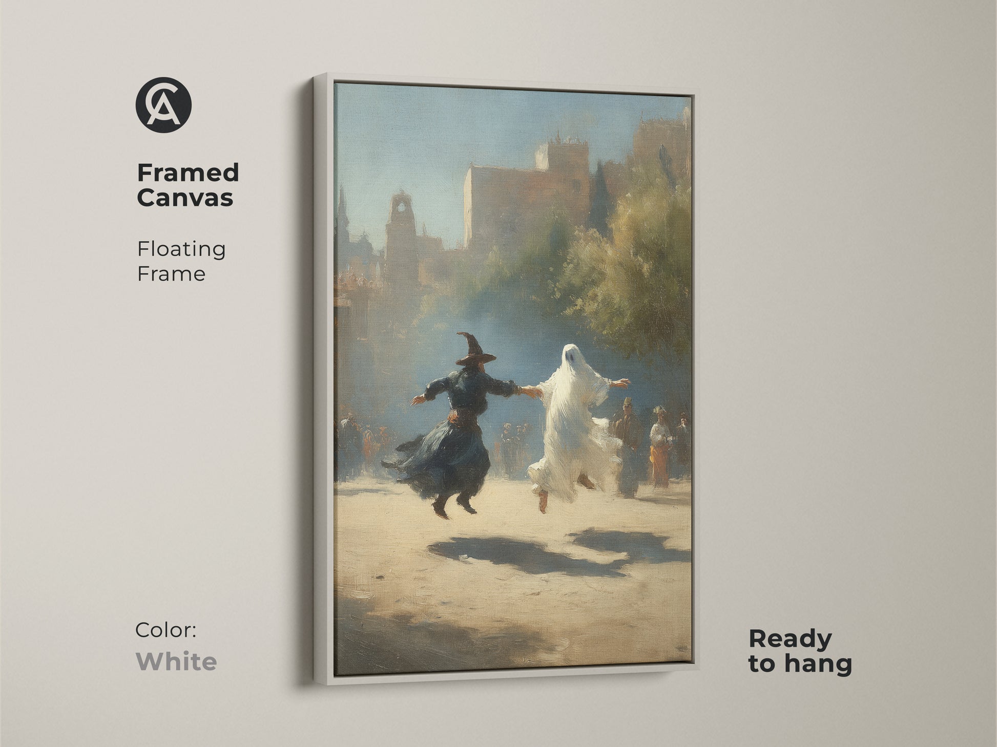 Framed canvas featuring gothic witch and ghost dance artwork with a white floating frame. This Halloween fantasy wall art is in classical realism sepia tones. Ready to hang earth tone wall decor for a study room or eclectic home. An art history inspired print.