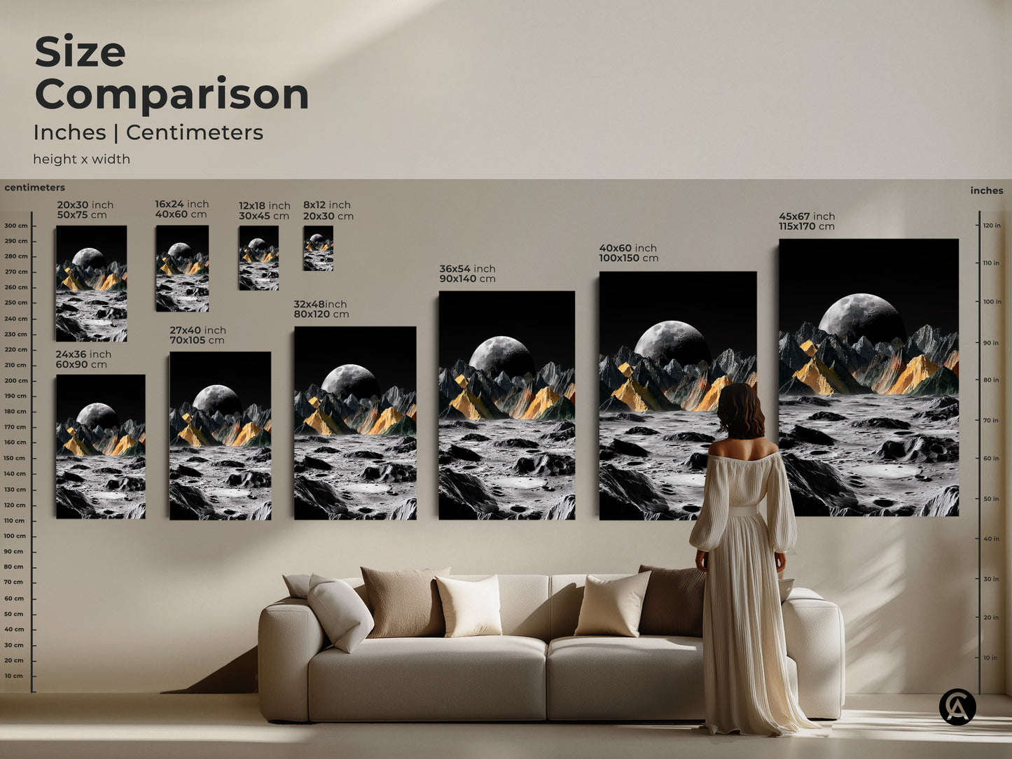 Size comparison of surreal moon landscape art prints in inches and centimeters. This guide showcases various sizes next to furniture and a person. Sizes range to help visualize the perfect scale. This cosmic space wall art makes it easy to choose the right size for your space.