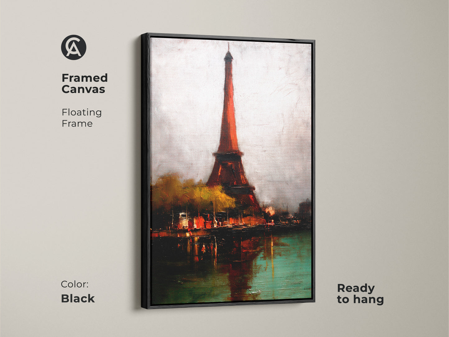 Ready to hang framed canvas art showcasing the Eiffel Tower. A black floating frame enhances this Impressionist wall art. This Orange-Red and Teal artwork is perfect for living room or bedroom decor.