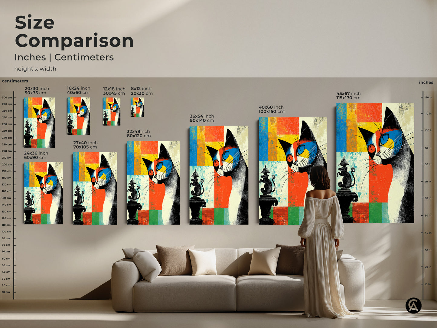 Size comparison of abstract cat artwork in a living room. View sizes in inches and centimeters. The art combines mid-century modern eclectic style with orange blue and yellow tones. Perfect wall art.