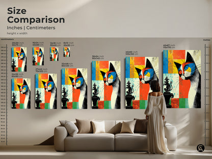Size comparison of abstract cat artwork in a living room. View sizes in inches and centimeters. The art combines mid-century modern eclectic style with orange blue and yellow tones. Perfect wall art.