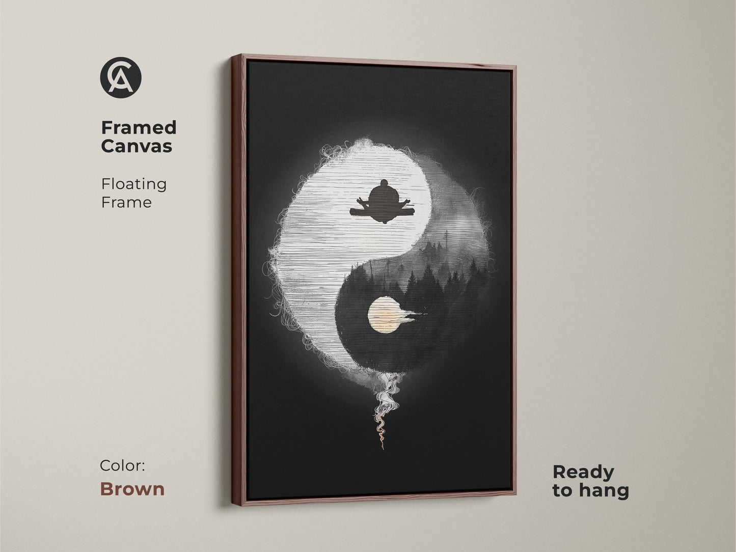 Framed Canvas of Abstract Yin Yang Zen art in brown. This minimalist spiritual artwork features a meditating figure and forest silhouette. The black and white yoga decor is ready to hang. A floating frame enhances this mindful living art.