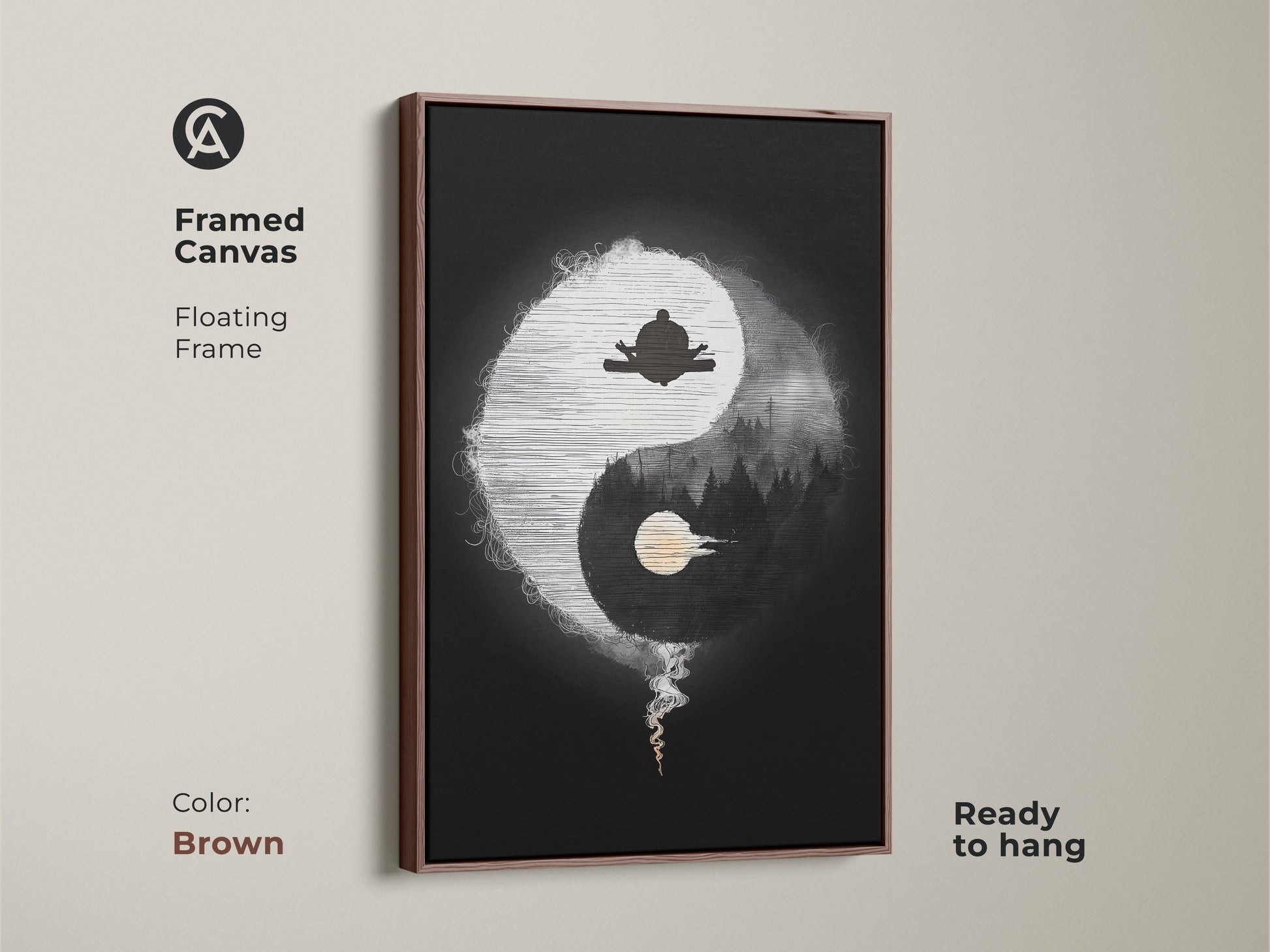 Framed Canvas of Abstract Yin Yang Zen art in brown. This minimalist spiritual artwork features a meditating figure and forest silhouette. The black and white yoga decor is ready to hang. A floating frame enhances this mindful living art.