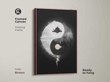 Framed Canvas of Abstract Yin Yang Zen art in brown. This minimalist spiritual artwork features a meditating figure and forest silhouette. The black and white yoga decor is ready to hang. A floating frame enhances this mindful living art.
