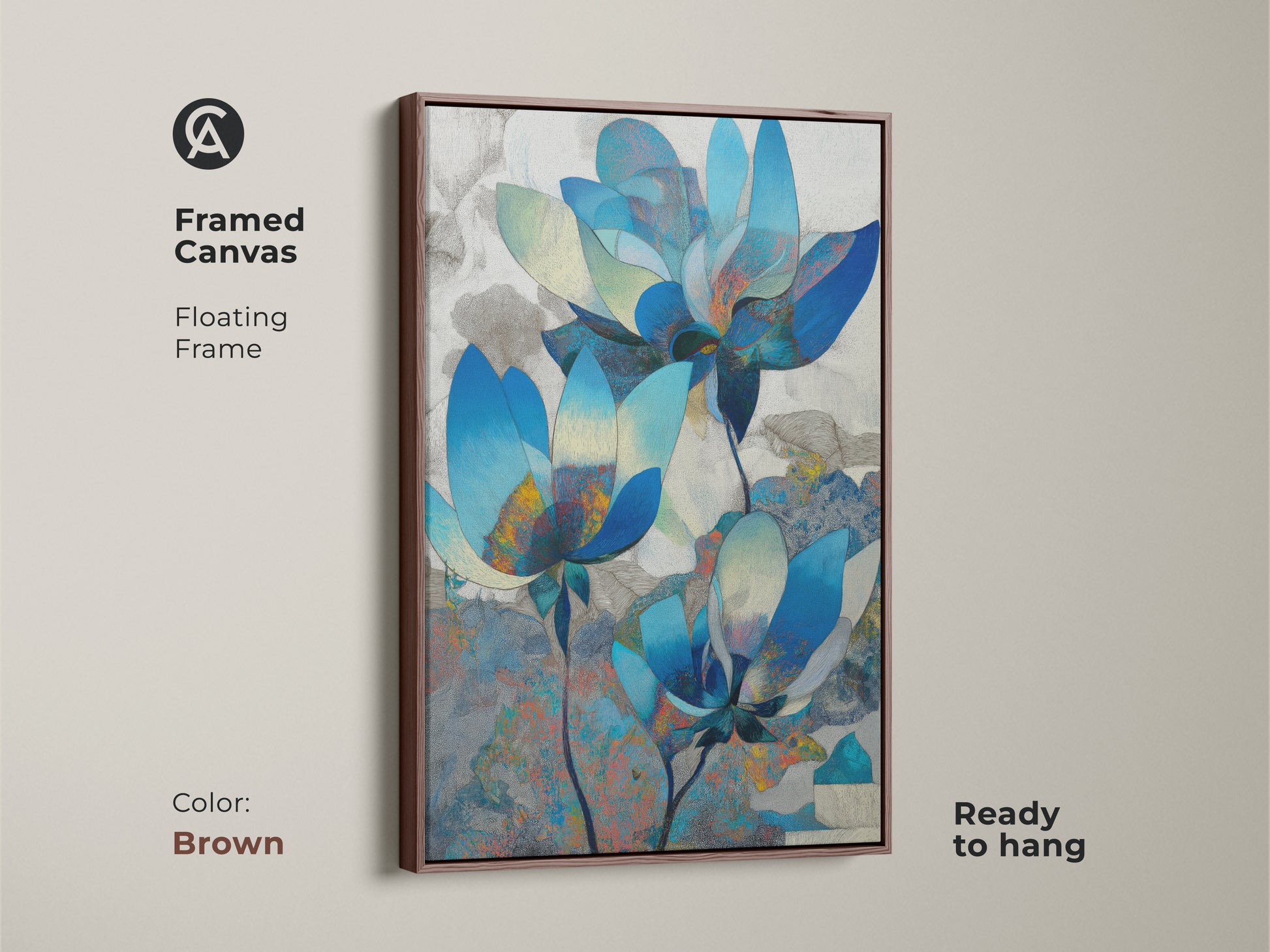 Brown framed canvas featuring a floating frame with abstract lotus artwork. This contemporary botanical print is ready to hang adding charm to any space. It's the perfect home decor.
