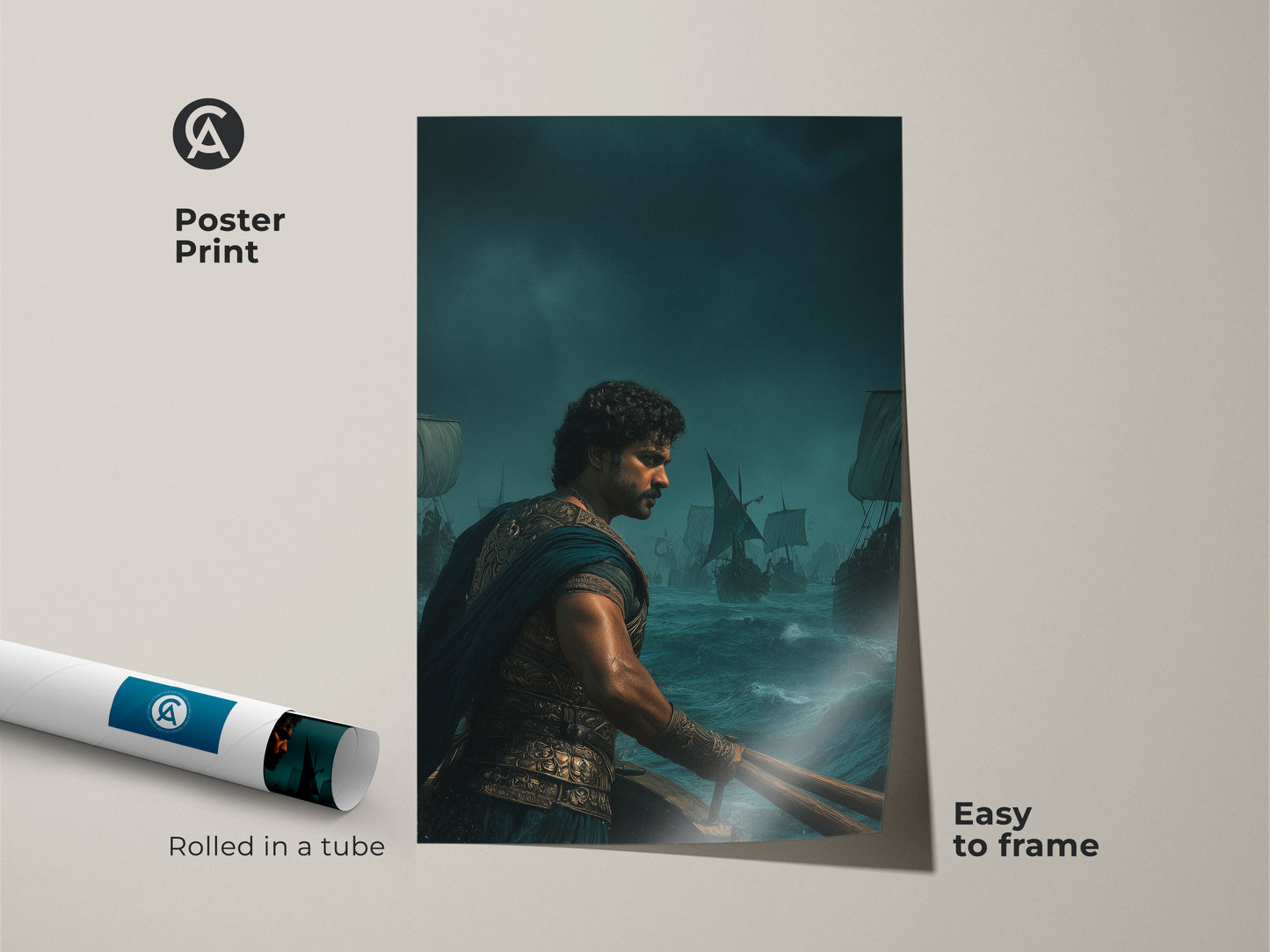 A poster print of a warrior on a sailing ship. This navy gold teal canvas art shows an epic adventure. Ideal study room wall decor that's a gift for history lovers. It is perfect for a man cave wall hanging. The rolled in a tube poster is easy to frame. This is traditional home decor art.