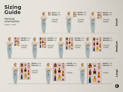 Sizing guide for vertical artwork orientation. This retro cocktail art is available in canvas and poster prints. It comes in small medium and large sizes. Find the perfect fit.