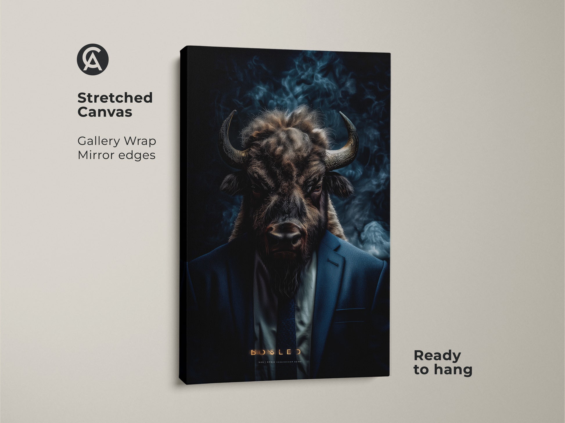 A stretched canvas print features a buffalo head on a man in a suit. The gallery wrap has mirrored edges and is ready to hang. This unique artwork makes a statement.