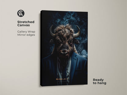 A stretched canvas print features a buffalo head on a man in a suit. The gallery wrap has mirrored edges and is ready to hang. This unique artwork makes a statement.