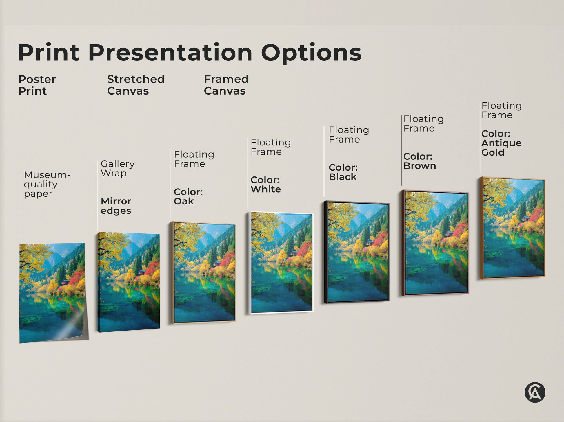 Print presentation options for stunning lake artwork. Choose from poster prints stretched canvas and framed canvas. Options include gallery wrap museum-quality paper and floating frames in various colors. Find the perfect presentation to showcase this beautiful nature art.