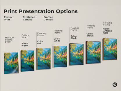 Print presentation options for stunning lake artwork. Choose from poster prints stretched canvas and framed canvas. Options include gallery wrap museum-quality paper and floating frames in various colors. Find the perfect presentation to showcase this beautiful nature art.