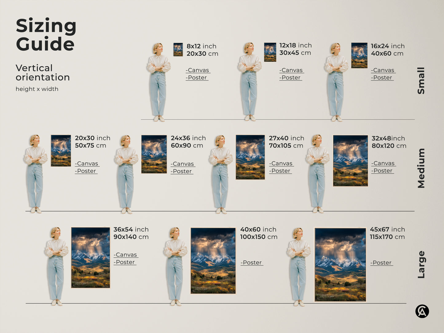 A sizing guide for mountain landscape canvas and poster prints. Vertical orientation options are available. Find the perfect size to complement your space and bring the beauty of snowy mountains and wildflowers into your home.
