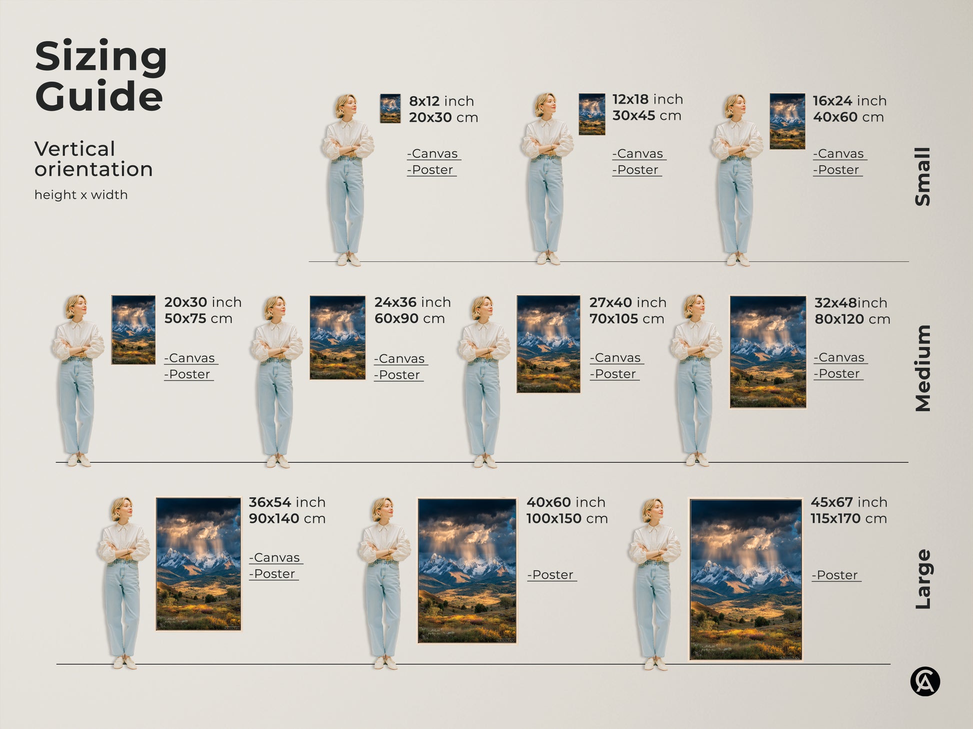 A sizing guide for mountain landscape canvas and poster prints. Vertical orientation options are available. Find the perfect size to complement your space and bring the beauty of snowy mountains and wildflowers into your home.