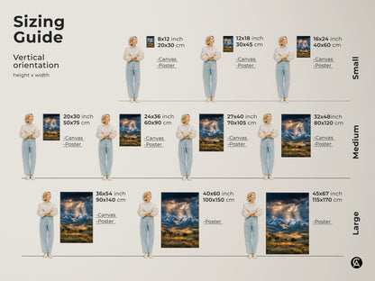 A sizing guide for mountain landscape canvas and poster prints. Vertical orientation options are available. Find the perfect size to complement your space and bring the beauty of snowy mountains and wildflowers into your home.