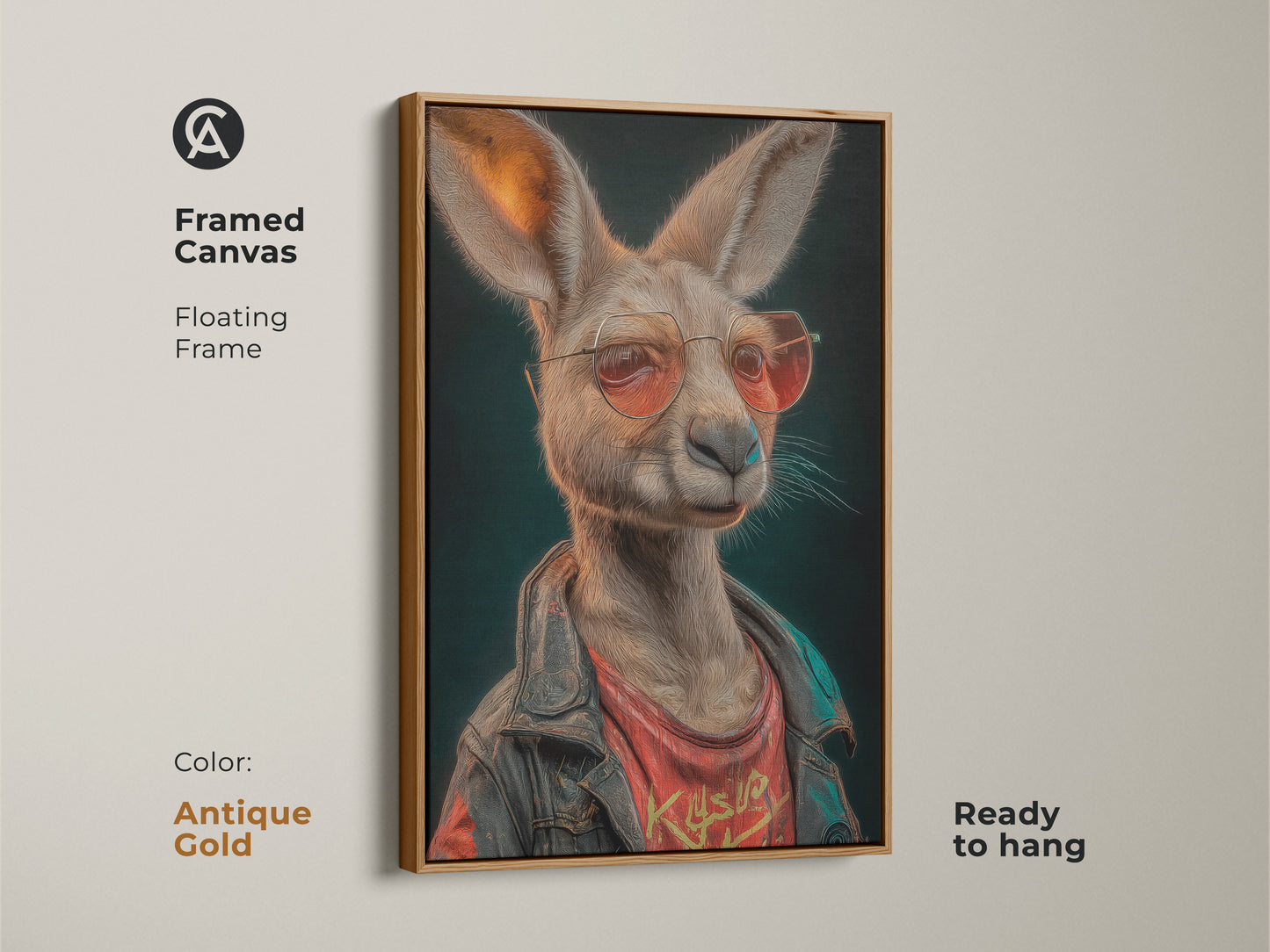This framed canvas features a kangaroo in an antique gold frame. The kangaroo is wearing a biker jacket. This unique home accent is ready to hang. It's modern pop art. The art is an animal fashion statement. This is retro-inspired.