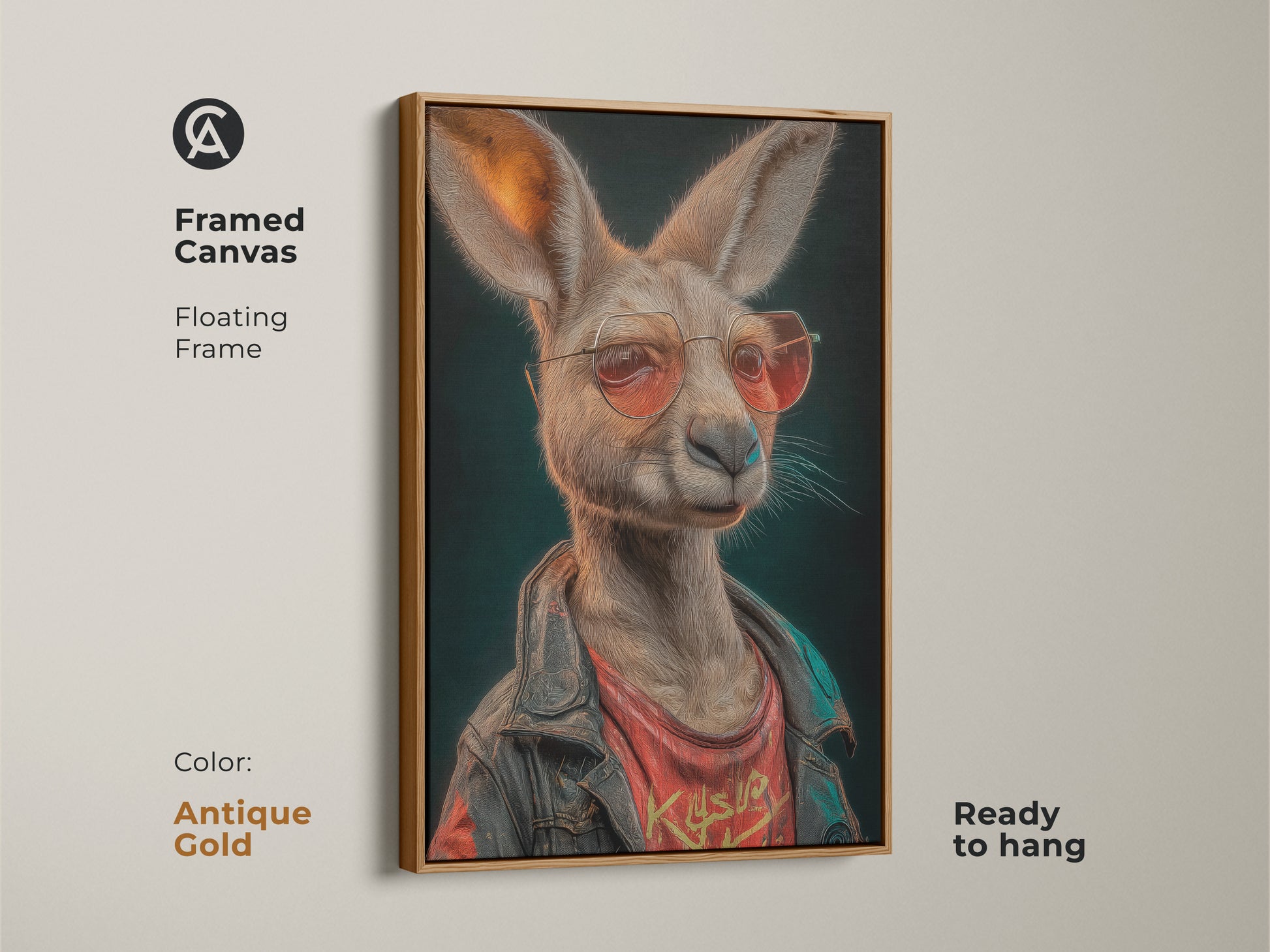 This framed canvas features a kangaroo in an antique gold frame. The kangaroo is wearing a biker jacket. This unique home accent is ready to hang. It's modern pop art. The art is an animal fashion statement. This is retro-inspired.