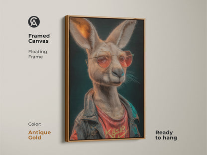 This framed canvas features a kangaroo in an antique gold frame. The kangaroo is wearing a biker jacket. This unique home accent is ready to hang. It's modern pop art. The art is an animal fashion statement. This is retro-inspired.