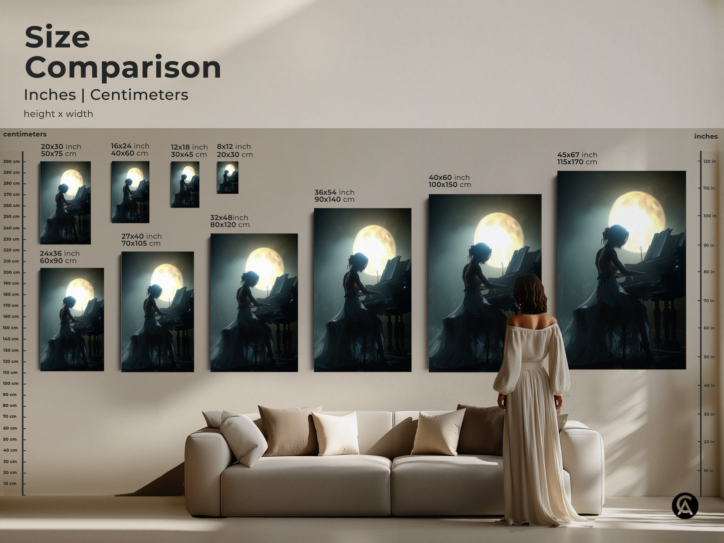 Size comparison of woman playing grand piano under moonlight artwork. Inches and centimeters are shown. The living room statement piece adds elegance and emotion to any space. It's a sophisticated artistic flair to home decor and a great pianist gift idea.