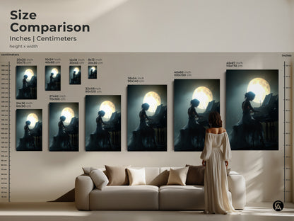 Size comparison of woman playing grand piano under moonlight artwork. Inches and centimeters are shown. The living room statement piece adds elegance and emotion to any space. It's a sophisticated artistic flair to home decor and a great pianist gift idea.