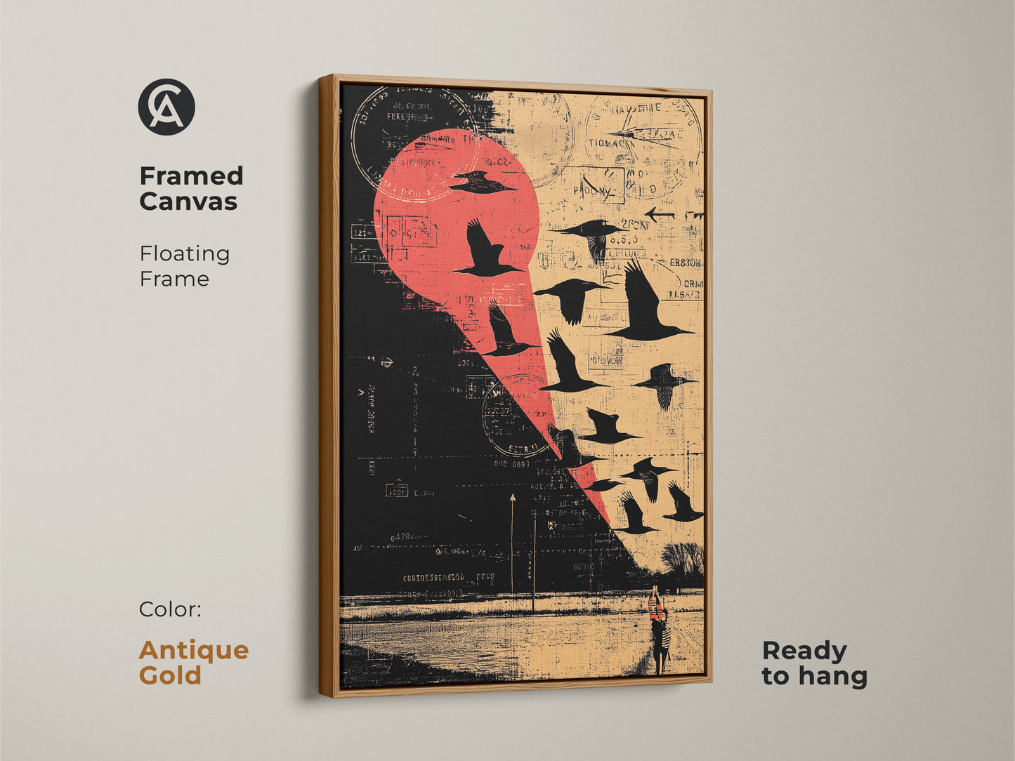 Framed Canvas Floating Frame in Antique Gold featuring a Grunge Eclectic Wall Art. A collage of a flock of birds in flight. Against a rural landscape backdrop with a striking Red Beige and Black color palette. Ready to hang.
