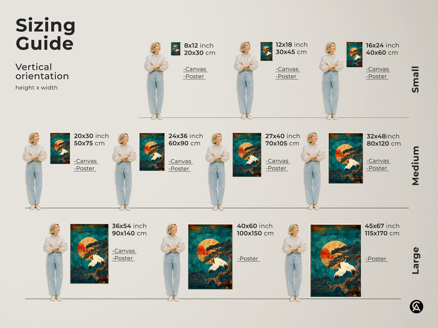 Sizing guide showcasing Japandi wall art with Teal Cranes and Pine Tree available in canvas and poster options. Find the perfect fit for your space across small medium and large sizes. This Asian nature print brings tranquility and elegance to any room enhancing your home with zen artwork.