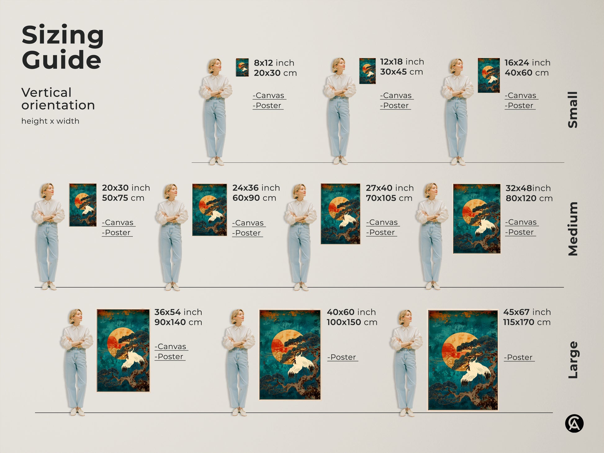 Sizing guide showcasing Japandi wall art with Teal Cranes and Pine Tree available in canvas and poster options. Find the perfect fit for your space across small medium and large sizes. This Asian nature print brings tranquility and elegance to any room enhancing your home with zen artwork.