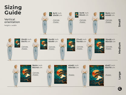 Sizing guide showcasing Japandi wall art with Teal Cranes and Pine Tree available in canvas and poster options. Find the perfect fit for your space across small medium and large sizes. This Asian nature print brings tranquility and elegance to any room enhancing your home with zen artwork.