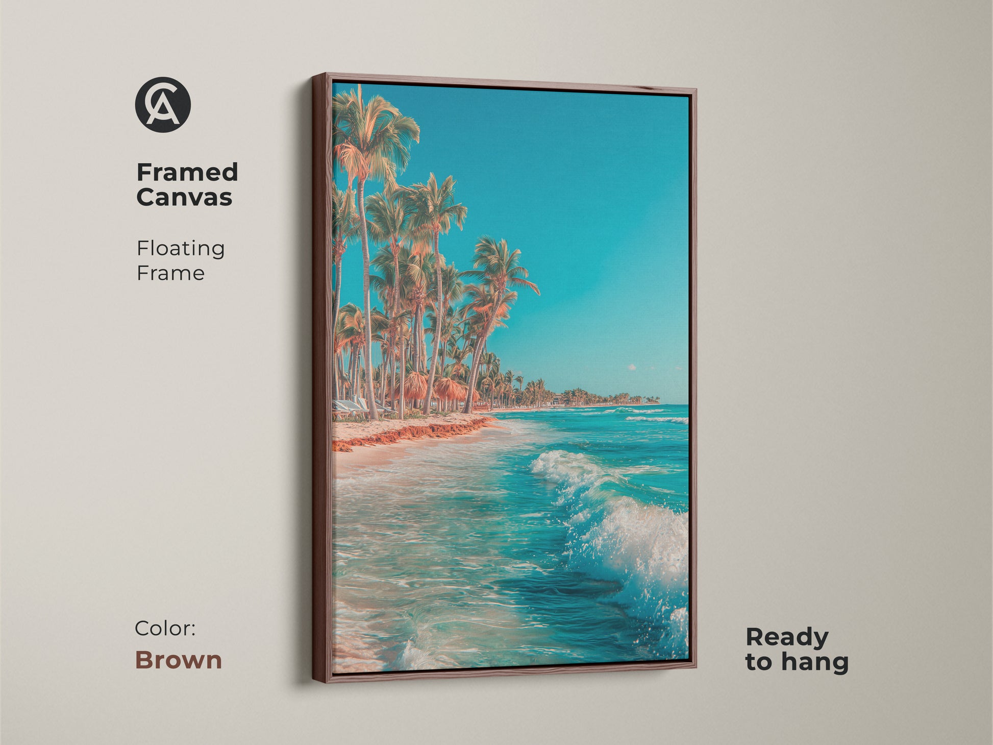 Framed canvas art with a floating frame in brown. A tropical beach scene with ocean waves and palm trees. This ready to hang artwork will enhance your home decor with coastal vibes. The Canvas is Ready to hang.