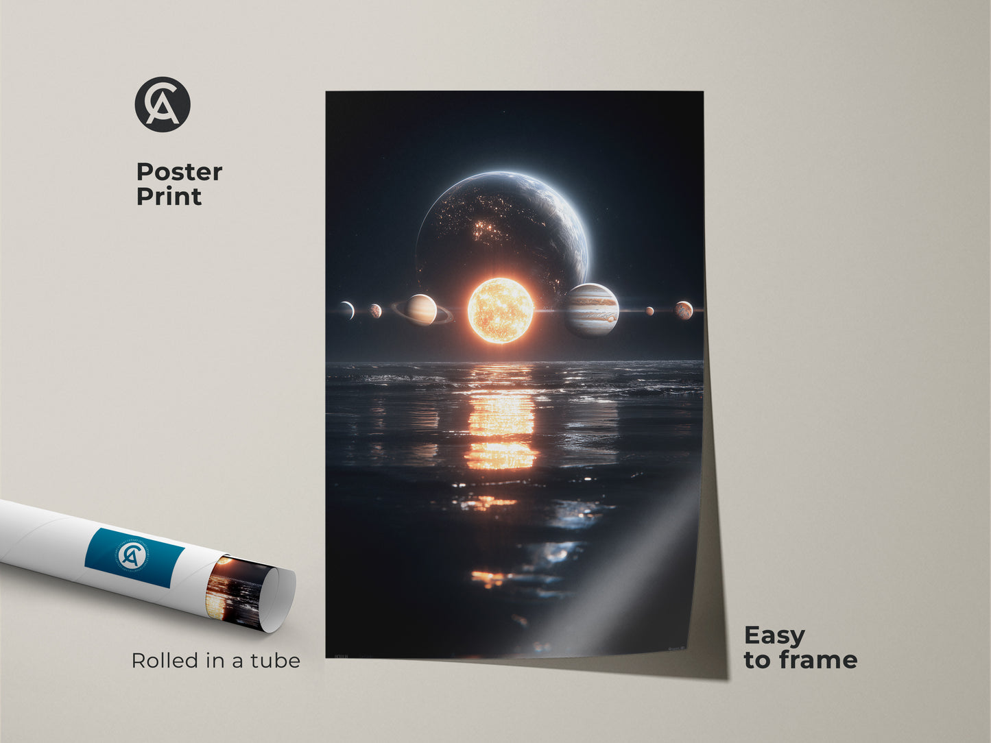 Poster print of a solar system reflected in water. The planets and sun are vivid. This easy-to-frame poster ships rolled in a tube. A perfect piece of art for any space lover. Get yours today