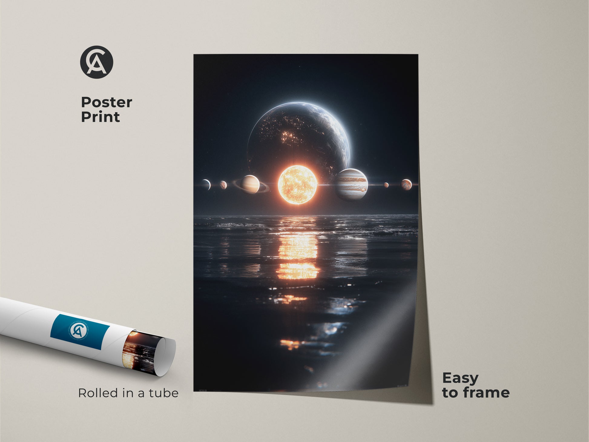 Poster print of a solar system reflected in water. The planets and sun are vivid. This easy-to-frame poster ships rolled in a tube. A perfect piece of art for any space lover. Get yours today