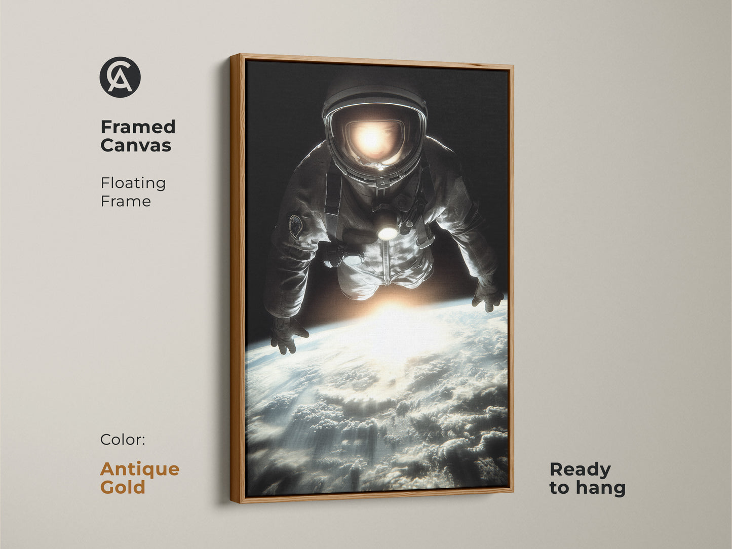 Framed canvas with an antique gold floating frame displaying astronaut art. This space exploration canvas print offers a cinematic Earth view. Ready to hang. The photorealistic astronaut artwork enhances any room. The black blue white tones create a modern and sophisticated look.