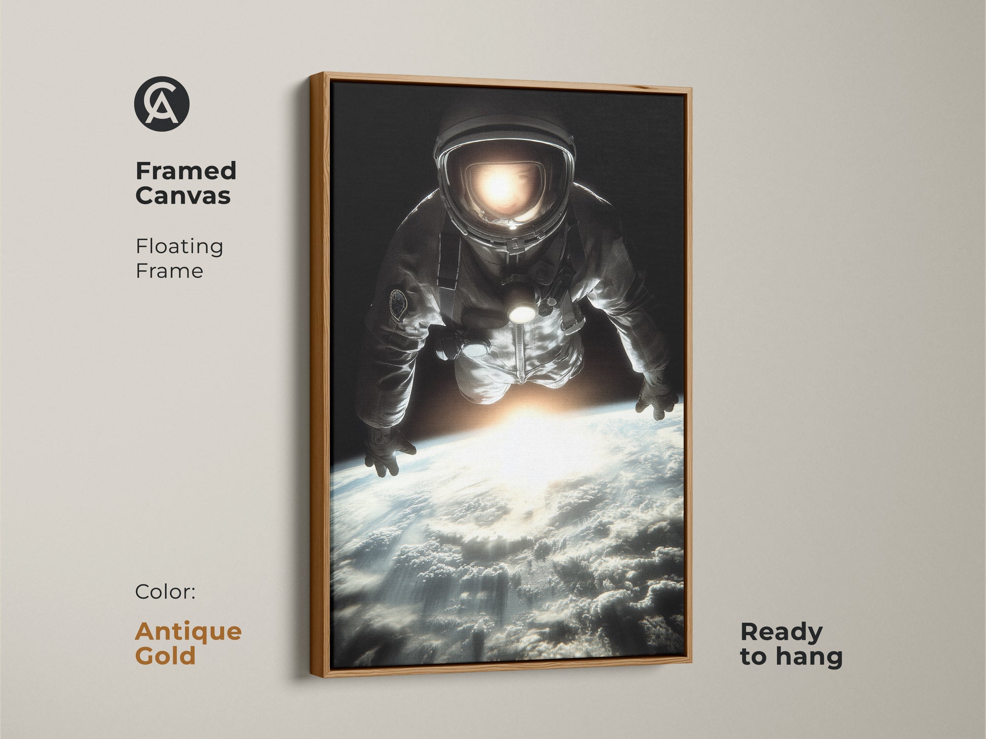 Framed canvas with an antique gold floating frame displaying astronaut art. This space exploration canvas print offers a cinematic Earth view. Ready to hang. The photorealistic astronaut artwork enhances any room. The black blue white tones create a modern and sophisticated look.
