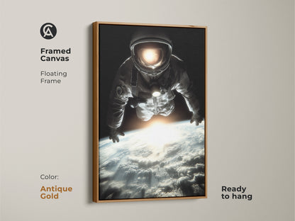 Framed canvas with an antique gold floating frame displaying astronaut art. This space exploration canvas print offers a cinematic Earth view. Ready to hang. The photorealistic astronaut artwork enhances any room. The black blue white tones create a modern and sophisticated look.