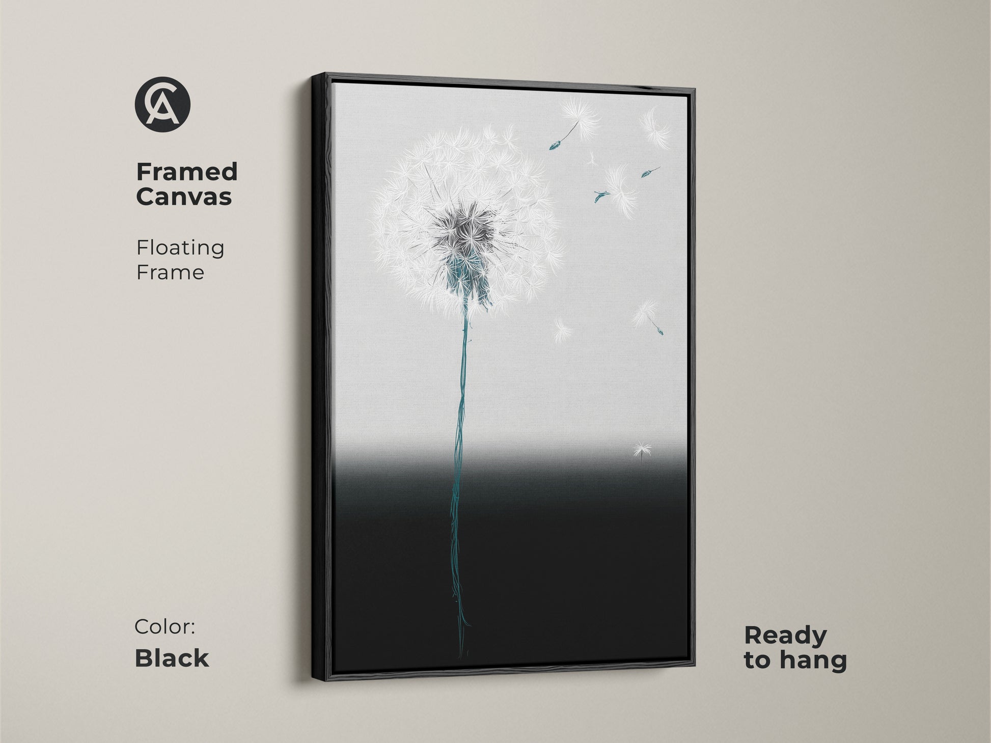 Framed canvas featuring minimalist dandelion art. The floating frame enhances the abstract botanical artwork. Teal and gray seeds create a calming effect. This contemporary art is ready to hang. It adds modern elegance to any space. The black frame complements the soft gradient.