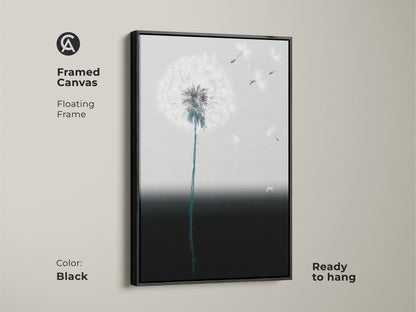 Framed canvas featuring minimalist dandelion art. The floating frame enhances the abstract botanical artwork. Teal and gray seeds create a calming effect. This contemporary art is ready to hang. It adds modern elegance to any space. The black frame complements the soft gradient.