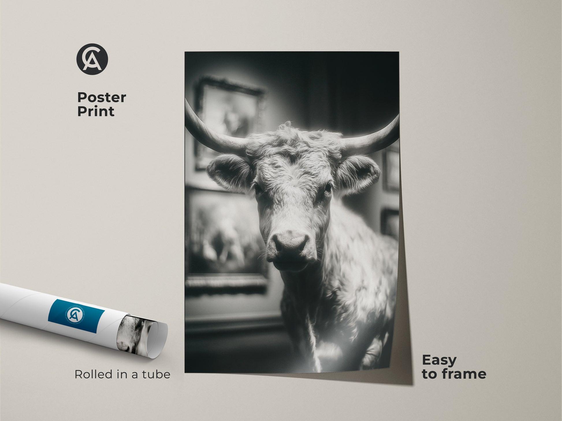 Poster print of a black and white photograph of a Texas Longhorn bull. The artwork is rolled in a tube for easy framing. An affordable way to add western style to your home decor. This striking animal art is sure to impress.